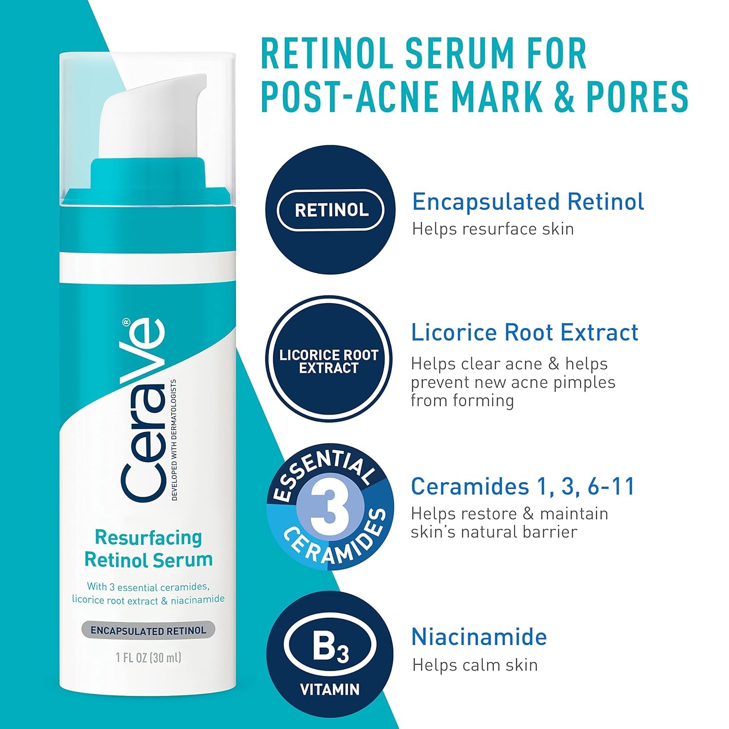 CeraVe Comprehensive Acne Skin Care Set: Foaming Cream Cleanser (5 oz), Resurfacing Retinol Serum (1 oz), AM Facial Moisturizing Lotion with SPF 30 (2 oz), PM Facial Moisturizing Lotion (2 oz)