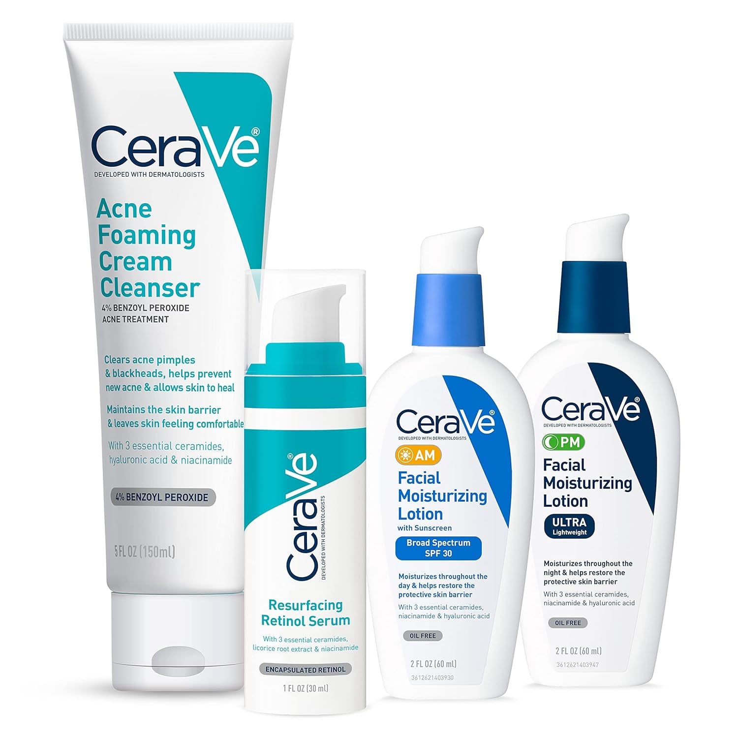 CeraVe Comprehensive Acne Skin Care Set: Foaming Cream Cleanser (5 oz), Resurfacing Retinol Serum (1 oz), AM Facial Moisturizing Lotion with SPF 30 (2 oz), PM Facial Moisturizing Lotion (2 oz)