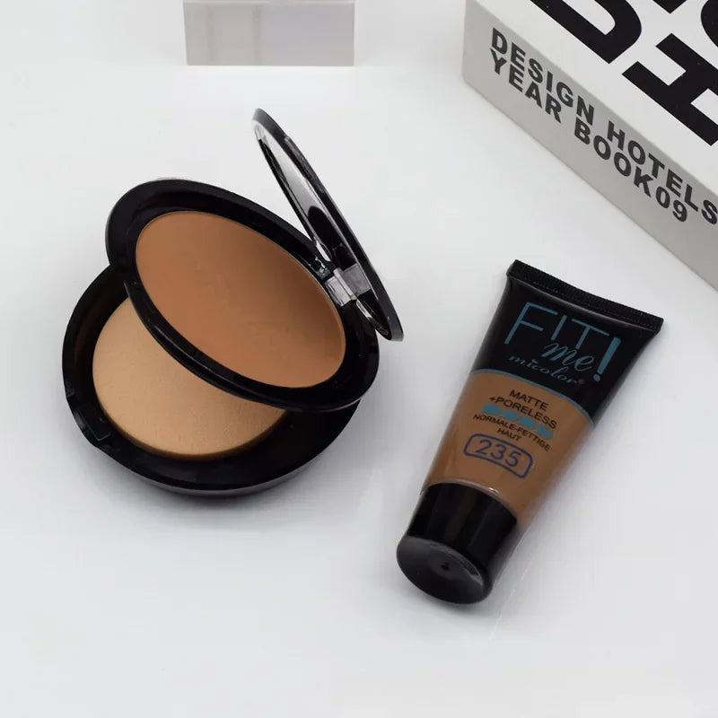 Micolor Fit Me 2 in 1 Matte Black Skin 30G Poreless Powder + 30Ml Liquid Foundation Dark Skin Dedicated Foundation Cosmetic Set