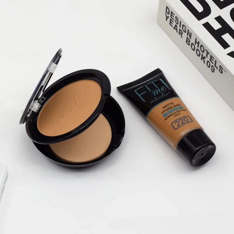 Micolor Fit Me 2 in 1 Matte Black Skin 30G Poreless Powder + 30Ml Liquid Foundation Dark Skin Dedicated Foundation Cosmetic Set