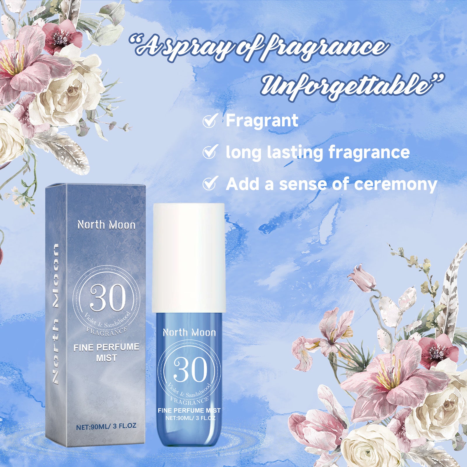 North Moon Fragrance Spray, Spray Body Splash for Women, Hair & Body Fragrance Mist, Fresh Long Duration Fragrance Spray Scent, Women'S Dating Perfume Spray