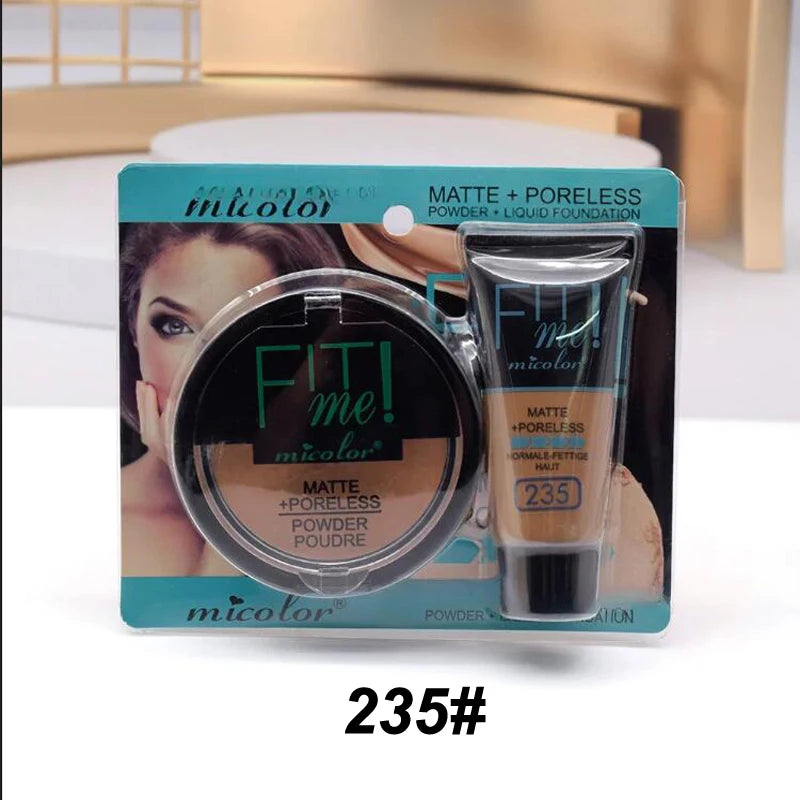 Micolor Fit Me 2 in 1 Matte Black Skin 30G Poreless Powder + 30Ml Liquid Foundation Dark Skin Dedicated Foundation Cosmetic Set